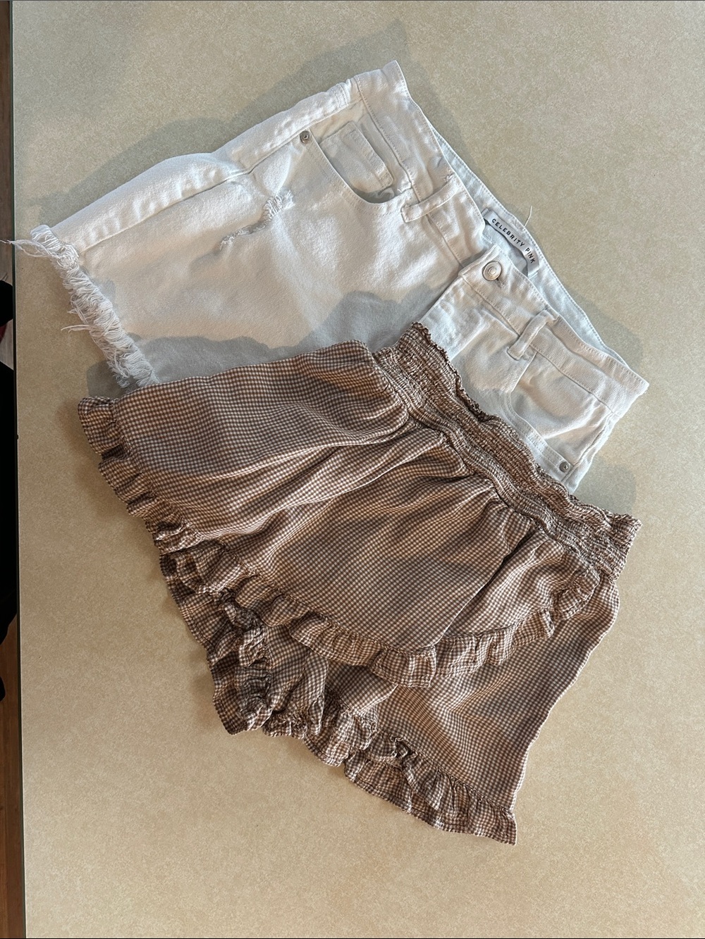 Agl Brown Gingham skorts and Celebrity Pink white jean shorts size 8.  Twofer